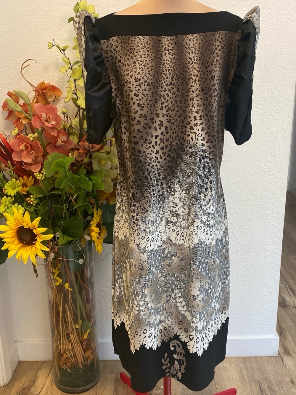 Filipiniana L Black and gold lace dress with puffy sleeves